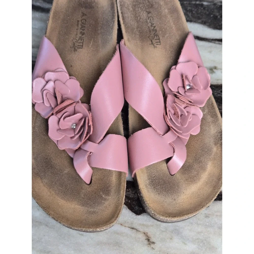 A. Giannetti Comfort Sandals Rose Pink Flower Leather Slides 9 Beach‎ Summer